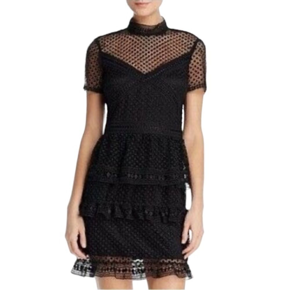 AQUA Short-Sleeve Ruffled Dot Lace Black Tiered Dress Size Medium 📦